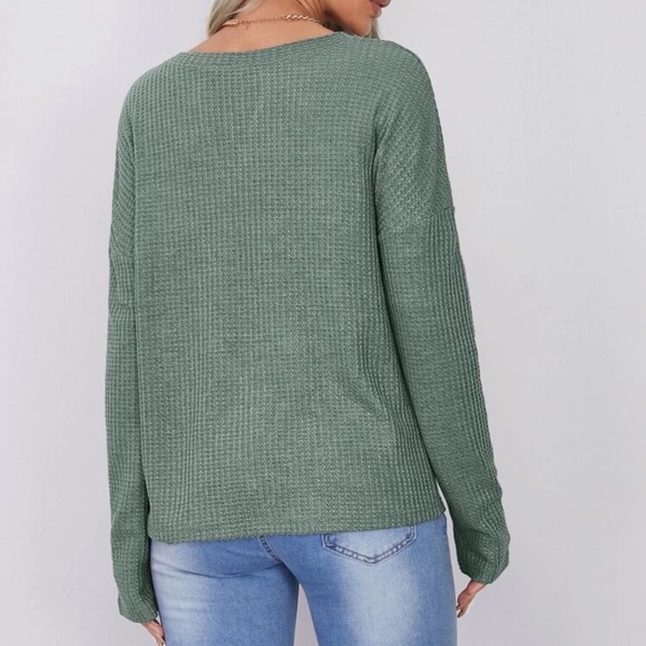 V neck waffle knit long sleeve tee shirt brown - Picture 11 of 14